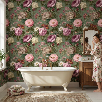 Vintage Green Multicolor Rose Floral Wallpaper