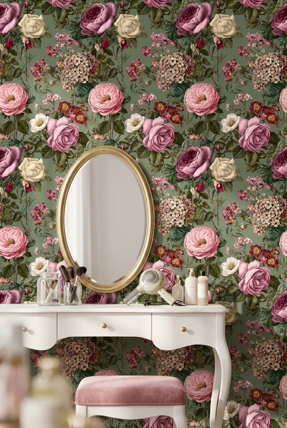 Vintage Green Multicolor Rose Floral Wallpaper