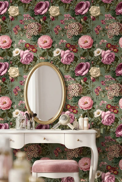 Vintage Green Multicolor Rose Floral Wallpaper