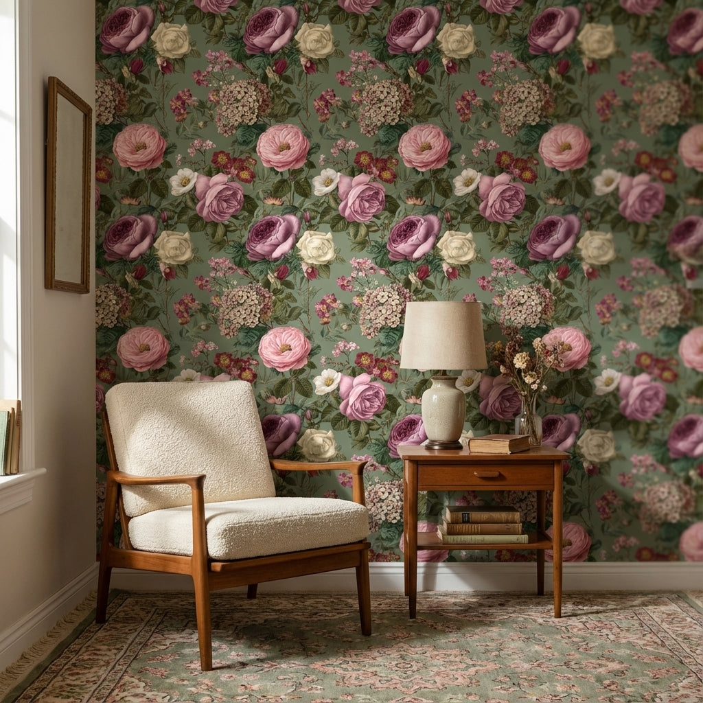 Vintage Green Multicolor Rose Floral Wallpaper