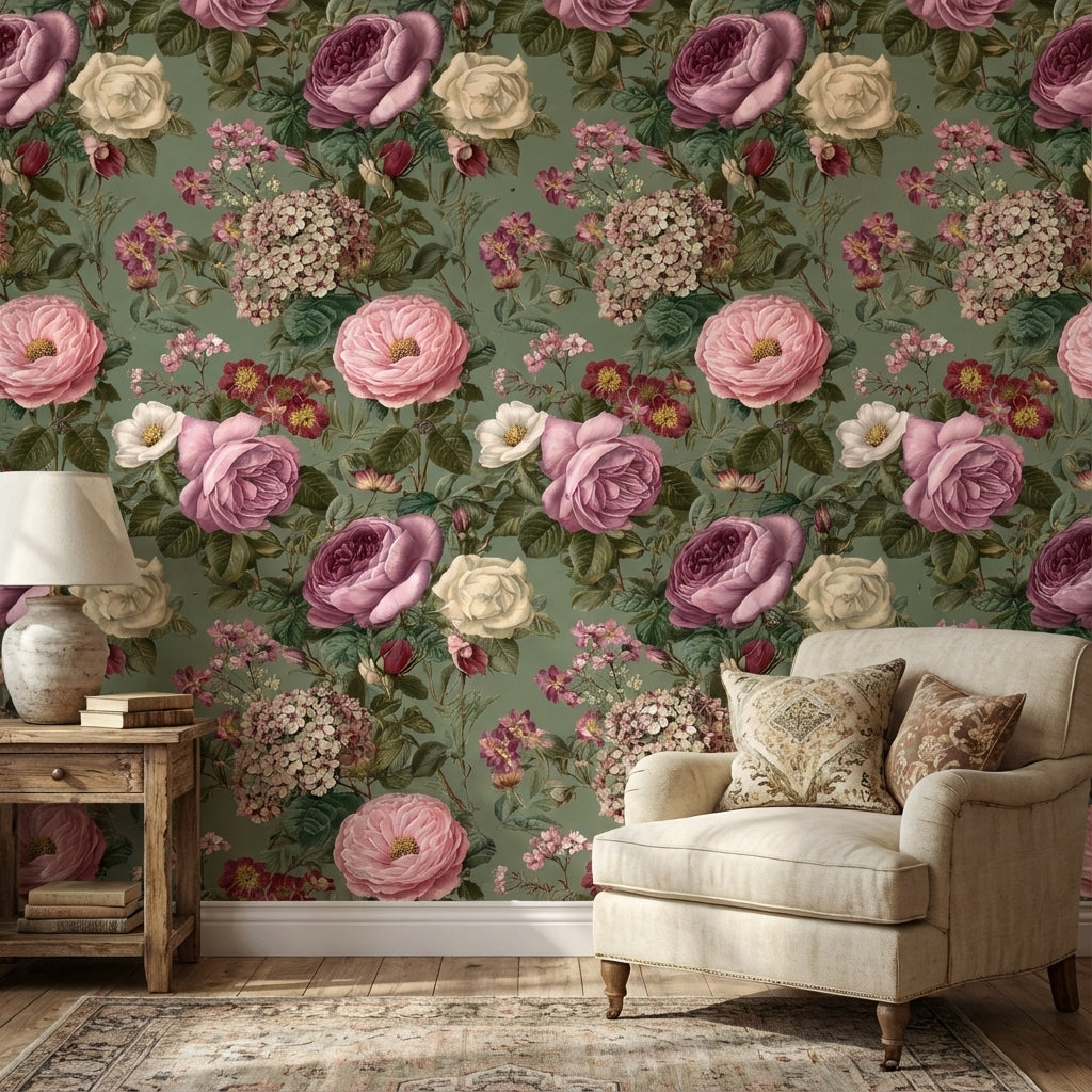 Vintage Green Multicolor Rose Floral Wallpaper