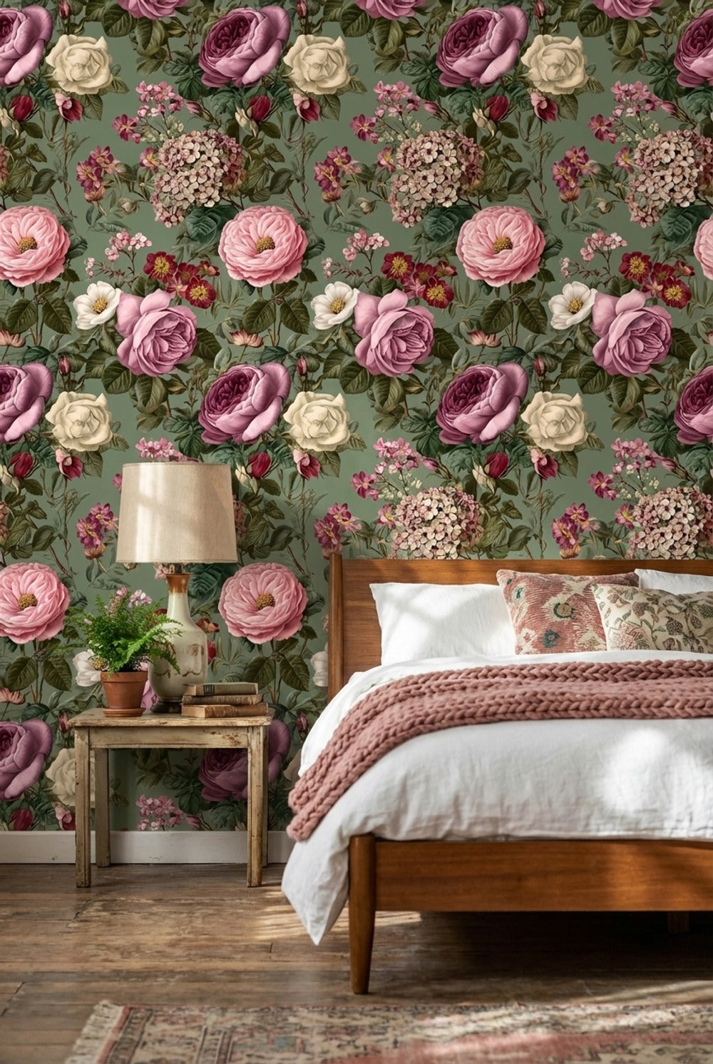 Vintage Green Multicolor Rose Floral Wallpaper