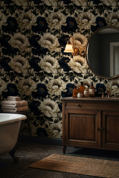 Elegant Cream and Black Peony Floral Wallpaper