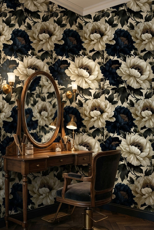 Elegant Cream and Black Peony Floral Wallpaper