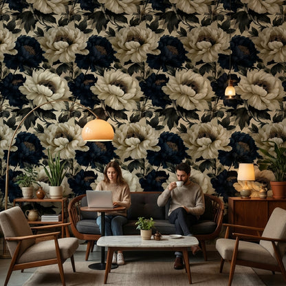 Elegant Cream and Black Peony Floral Wallpaper