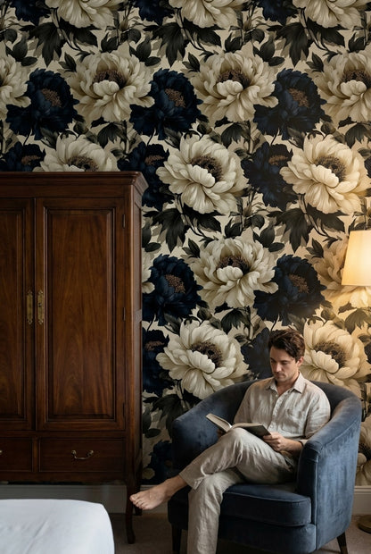 Elegant Cream and Black Peony Floral Wallpaper