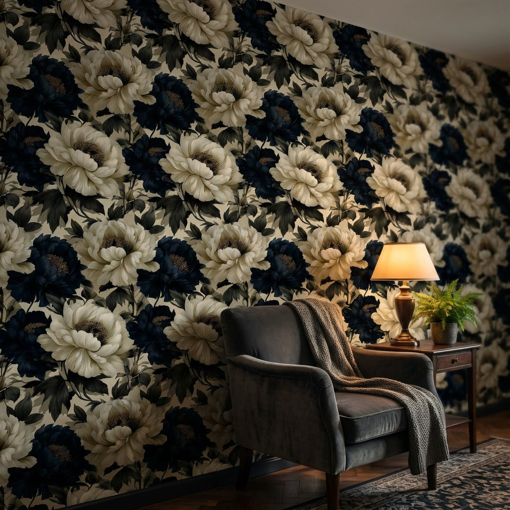 Elegant Cream and Black Peony Floral Wallpaper