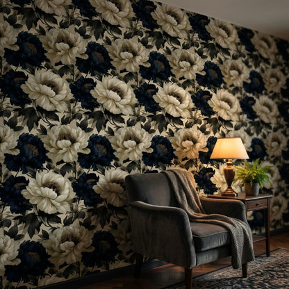 Elegant Cream and Black Peony Floral Wallpaper