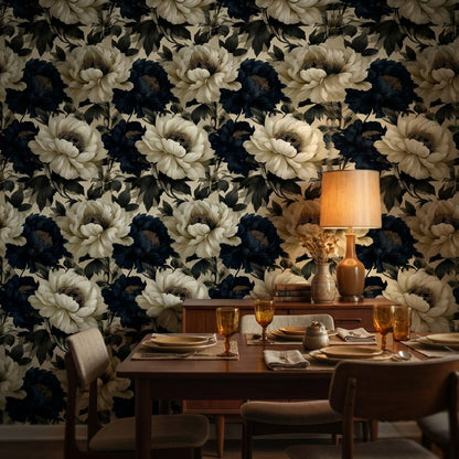 Elegant Cream and Black Peony Floral Wallpaper