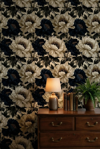 Elegant Cream and Black Peony Floral Wallpaper