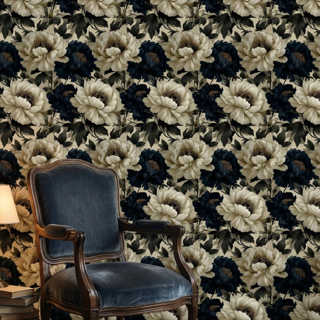 Elegant Cream and Black Peony Floral Wallpaper