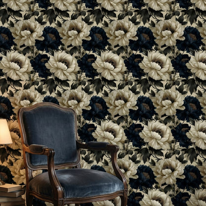 Elegant Cream and Black Peony Floral Wallpaper