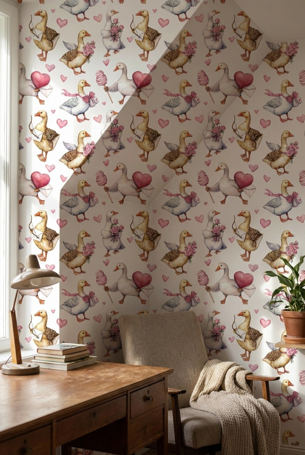 Cream Cute Birds and Heart Wallpaper