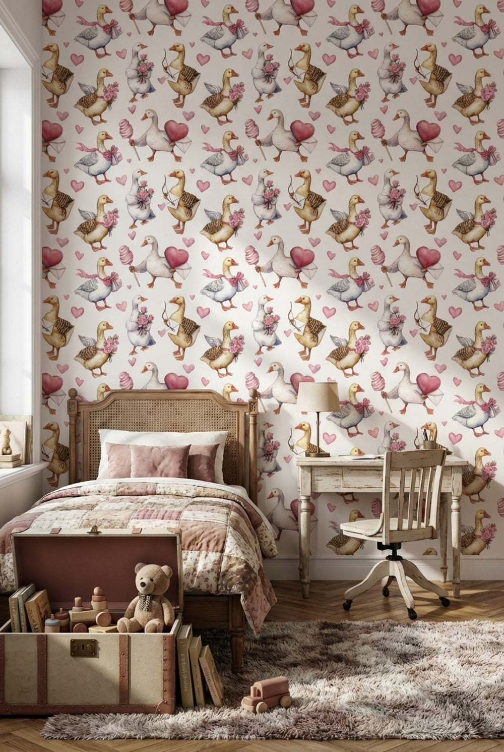 Cream Cute Birds and Heart Wallpaper