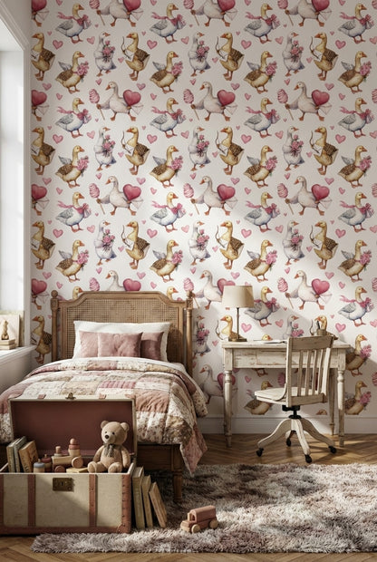 Cream Cute Birds and Heart Wallpaper