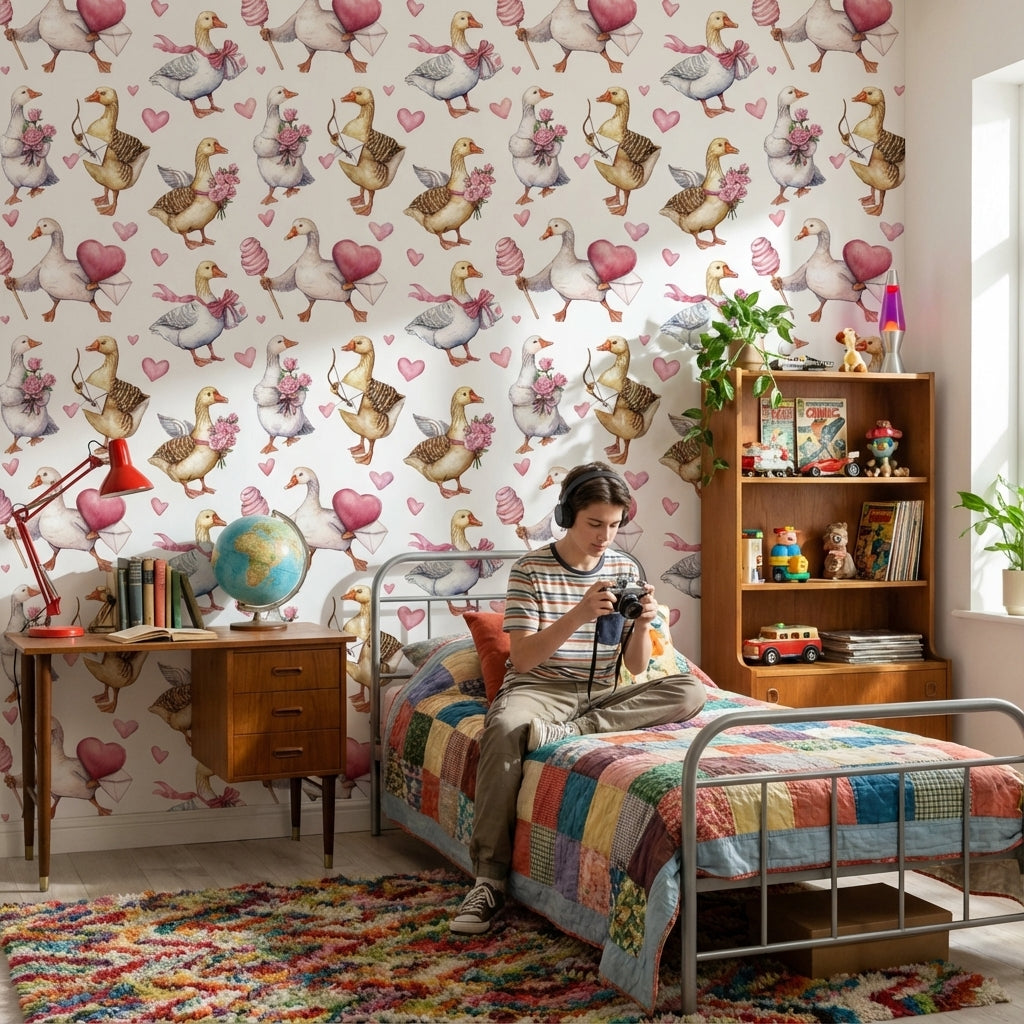 Cream Cute Birds and Heart Wallpaper