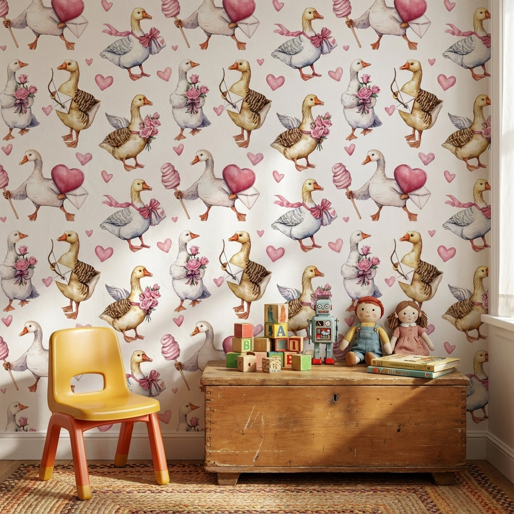 Cream Cute Birds and Heart Wallpaper