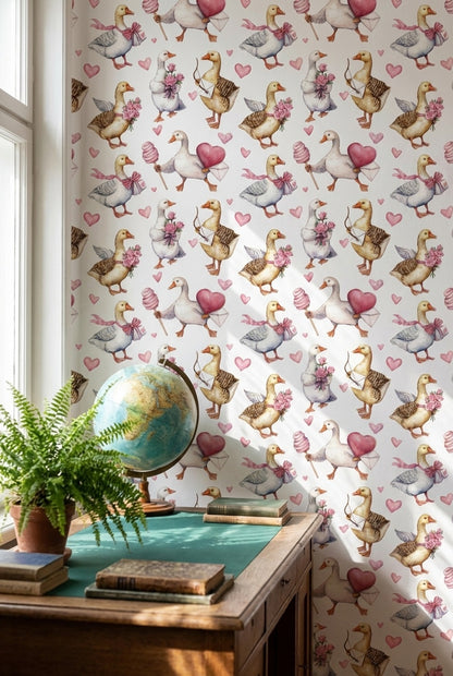 Cream Cute Birds and Heart Wallpaper