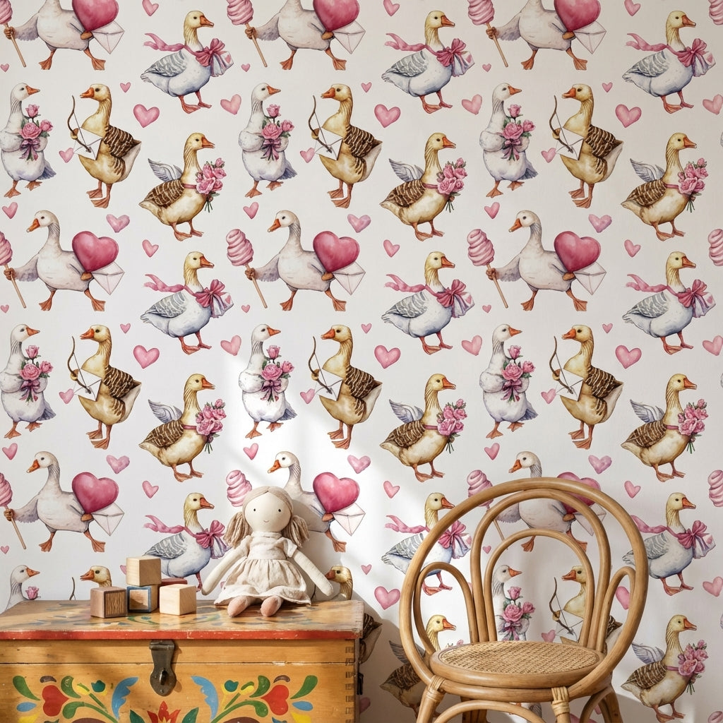 Cream Cute Birds and Heart Wallpaper