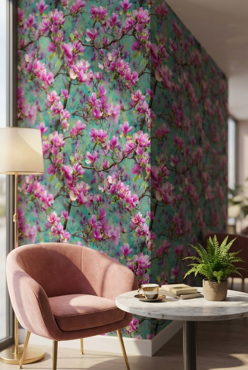 Vibrant Teal and Pink Magnolia Blossom Wallpaper