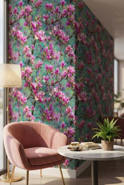 Vibrant Teal and Pink Magnolia Blossom Wallpaper