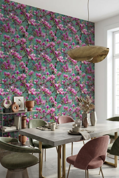 Vibrant Teal and Pink Magnolia Blossom Wallpaper