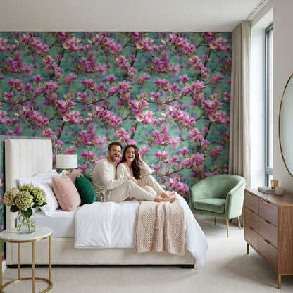 Vibrant Teal and Pink Magnolia Blossom Wallpaper