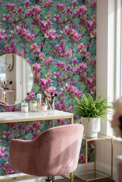 Vibrant Teal and Pink Magnolia Blossom Wallpaper