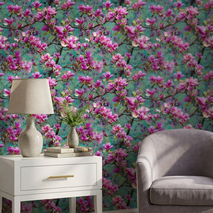 Vibrant Teal and Pink Magnolia Blossom Wallpaper