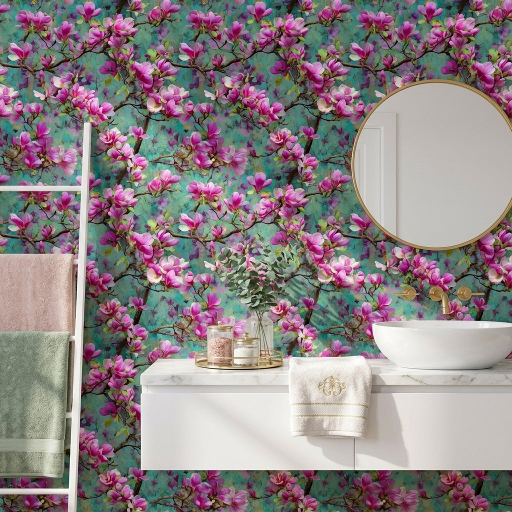 Vibrant Teal and Pink Magnolia Blossom Wallpaper