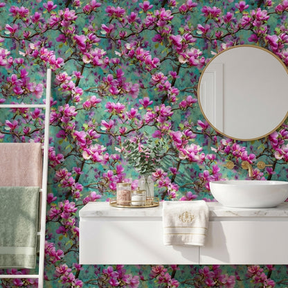 Vibrant Teal and Pink Magnolia Blossom Wallpaper