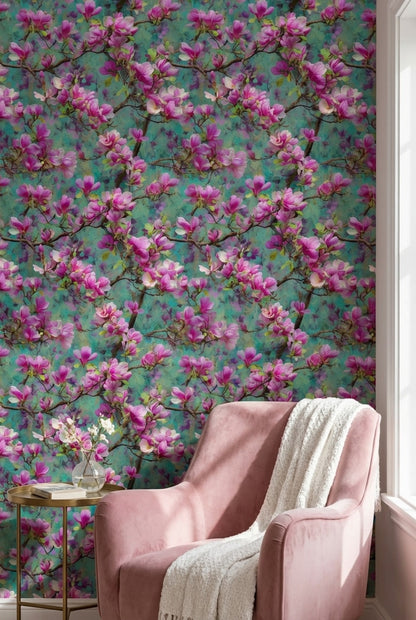 Vibrant Teal and Pink Magnolia Blossom Wallpaper