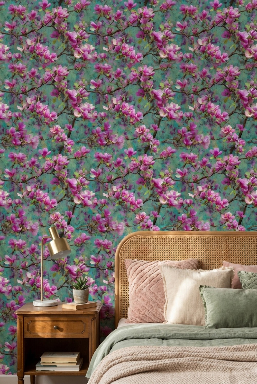 Vibrant Teal and Pink Magnolia Blossom Wallpaper