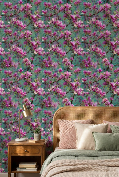 Vibrant Teal and Pink Magnolia Blossom Wallpaper