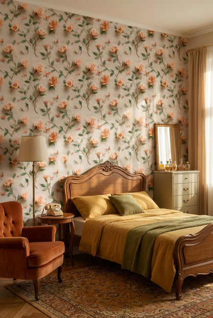 Peach Rose and Butterfly Floral Wallpaper