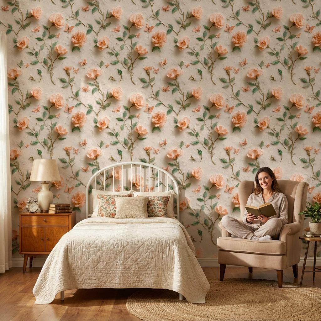 Peach Rose and Butterfly Floral Wallpaper