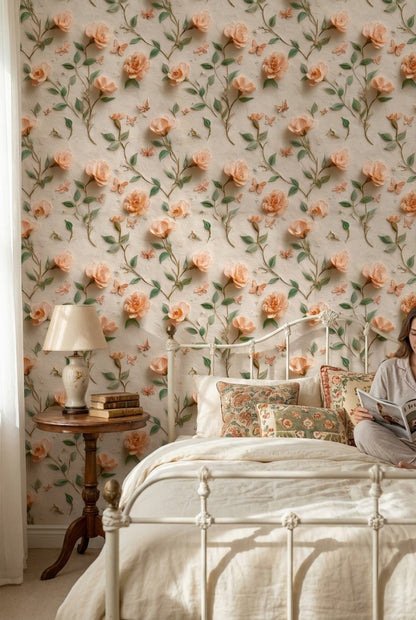 Peach Rose and Butterfly Floral Wallpaper