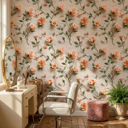 Peach Rose and Butterfly Floral Wallpaper
