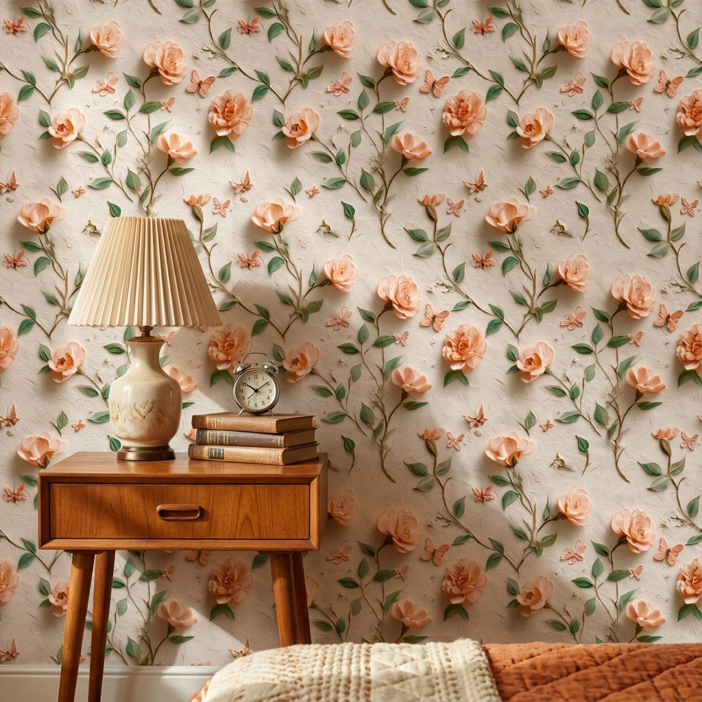 Peach Rose and Butterfly Floral Wallpaper