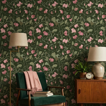 Dark Forest Green Wildflower Botanical Wallpaper