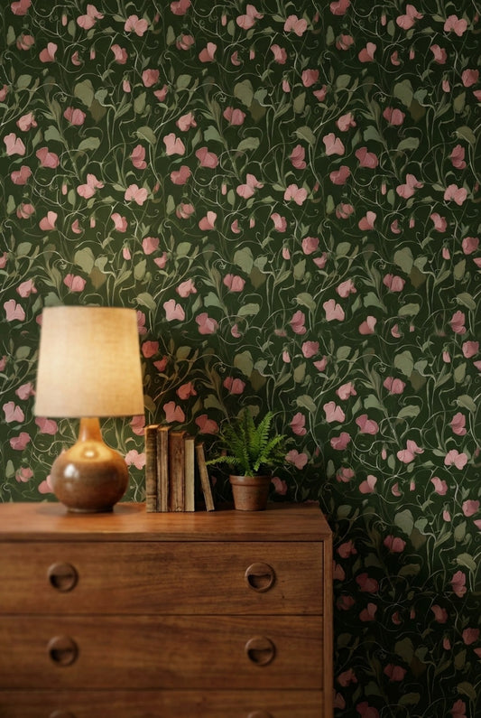 Dark Forest Green Wildflower Botanical Wallpaper