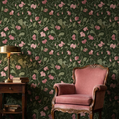 Dark Forest Green Wildflower Botanical Wallpaper