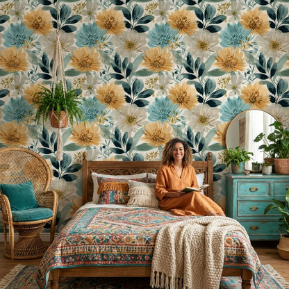 Soft Cream and Yellow Large Floral Wallpaper