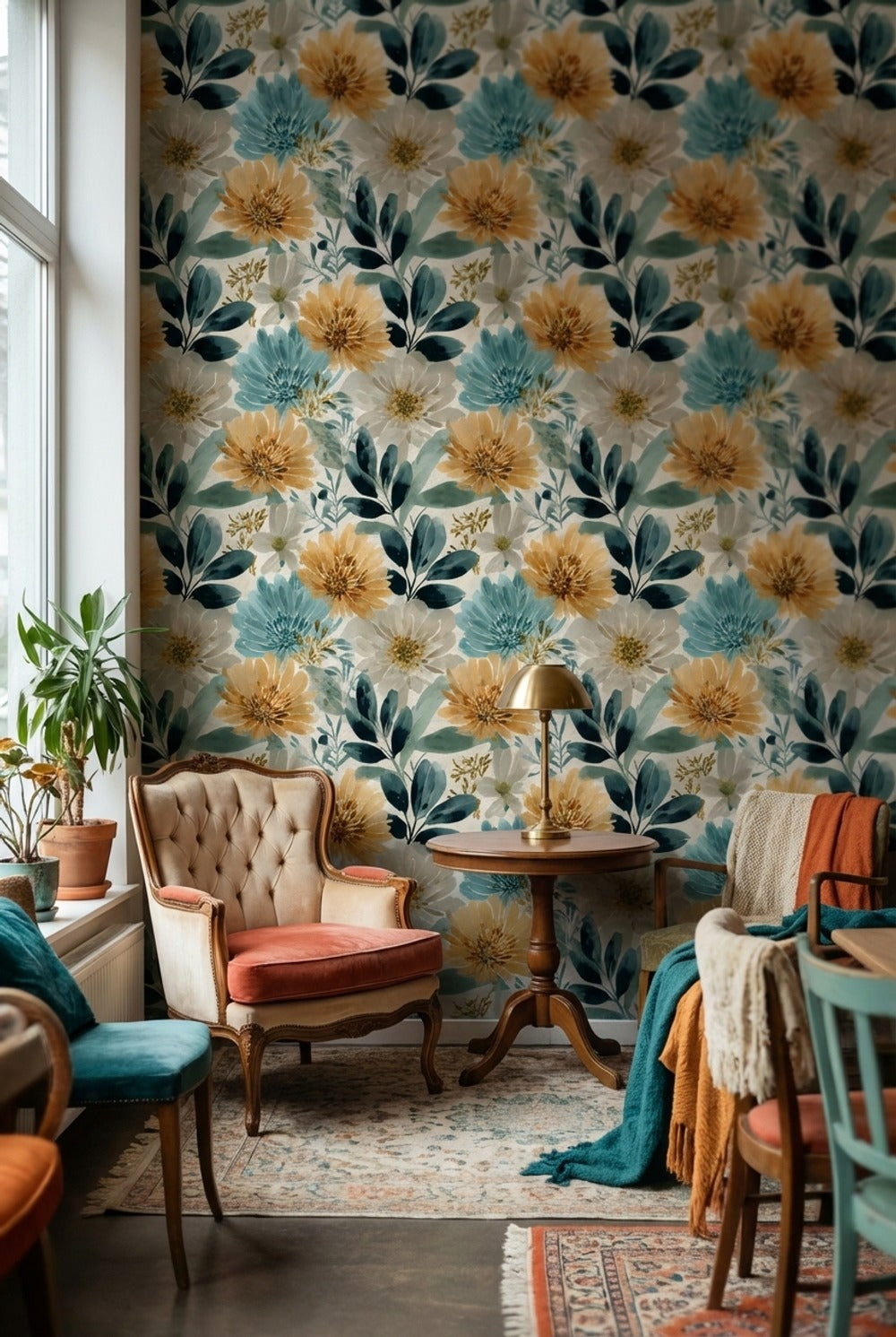 Soft Cream and Yellow Large Floral Wallpaper