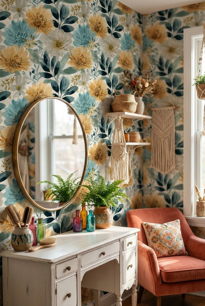 Soft Cream and Yellow Large Floral Wallpaper