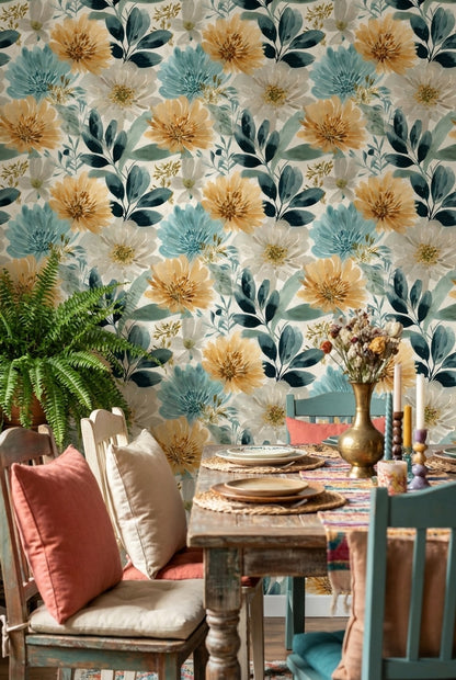 Soft Cream and Yellow Large Floral Wallpaper