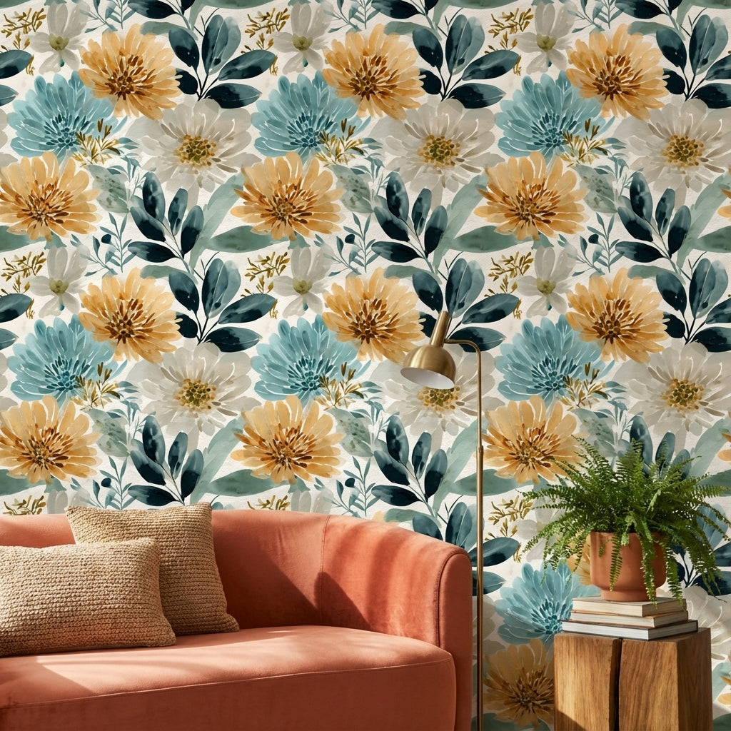 Soft Cream and Yellow Large Floral Wallpaper