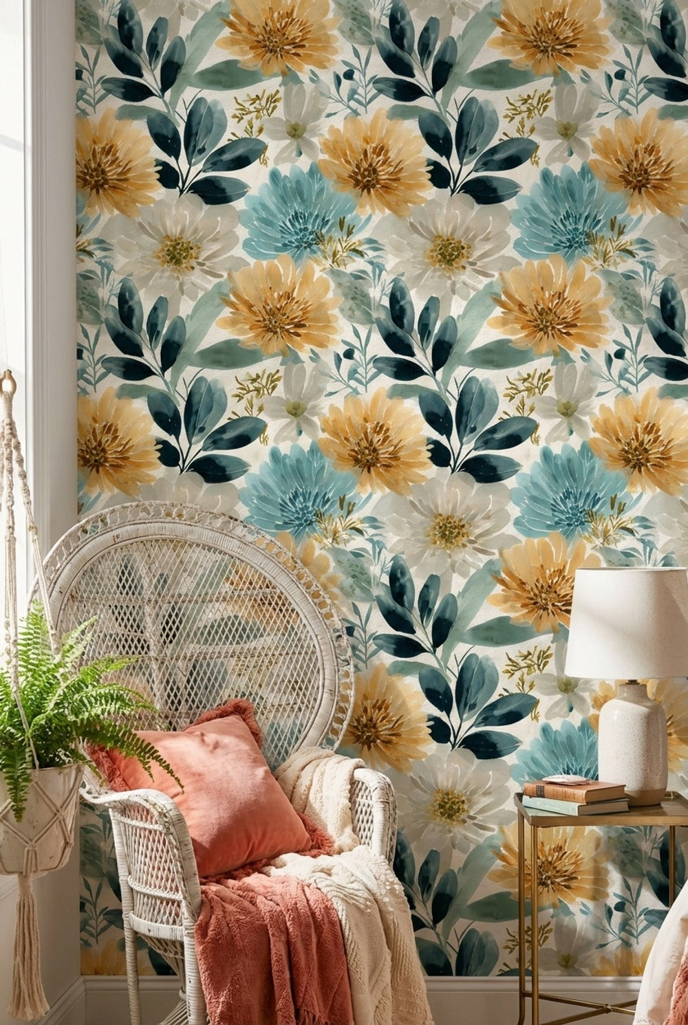 Soft Cream and Yellow Large Floral Wallpaper