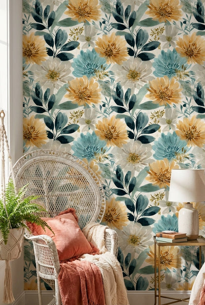 Soft Cream and Yellow Large Floral Wallpaper