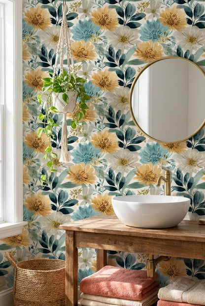 Soft Cream and Yellow Large Floral Wallpaper